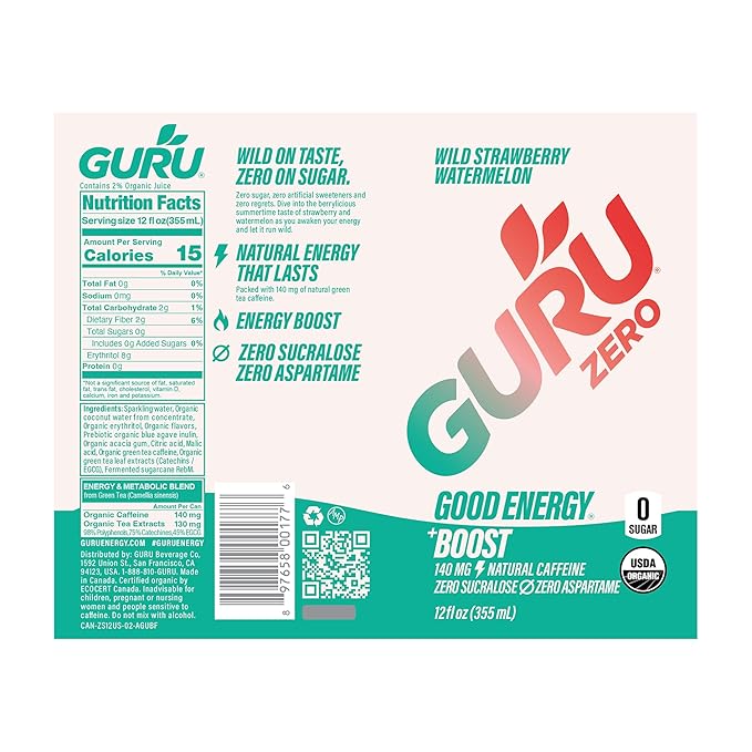 GURU ZERO SUGAR Wild Strawberry Watermelon Organic Energy Drinks Clean Energy Drink with Plant Based Natural Caffeine from Green Tea Coconut Water Prebiotic Zero Added sugars Gluten Free and Vega