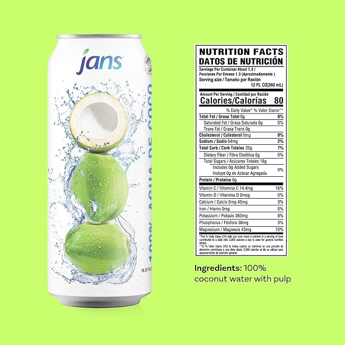 Jans 100% Pure Coconut Water with Pulp (16.57 Fl Oz Pack of 6) NO Sugar Added | Unsweetened Coconut Water | Not from Concentrate | Non-GMO | Refreshing Taste of the Tropics