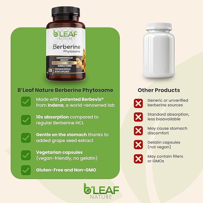 B’Leaf Nature Berberine Phytosome 120 Capsules – 1100mg Berberine Supplement for Metabolic and Cardiovascular Support – Vegan Gluten-Free Non-GMO Berberine Phytosome Capsules for Immune Wellness