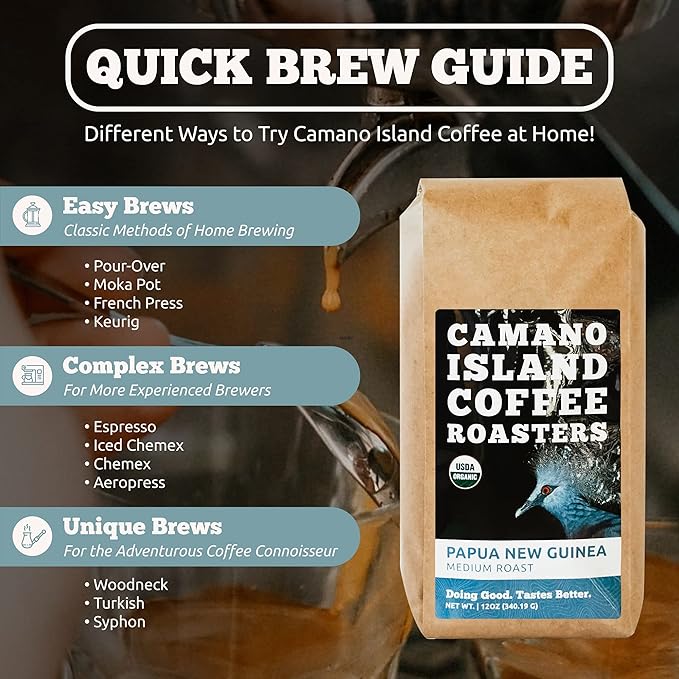 Camano Island Coffee Roasters Papua New Guinea Whole Bean 12oz Fresh Medium Roast USDA Organic Fairly Traded Shade Grown Top 1% Arabica Delicious Cocoa Dried Fruit Brown Sugar Flavor Profile