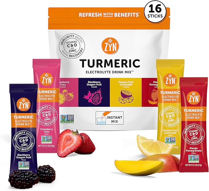 ZYN Electrolyte Drink Mix Hydration Packets Electrolytes Powder Hydration Packets w/Turmeric Curcumin Vitamin C and D Zinc Hydrate Electrolyte Powder Packets for Wellness Variety Pack of 16