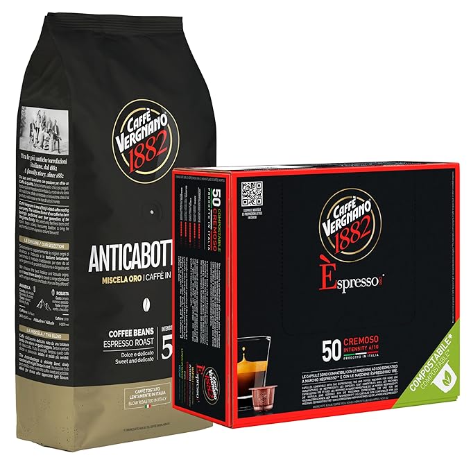 Caffe' Vergnano Whole Bean Coffee Bundle - Antica Bottega Beans 1000g bag &amp Cremoso Espresso Original Line Machine Compatible Capsules (50 Pack)