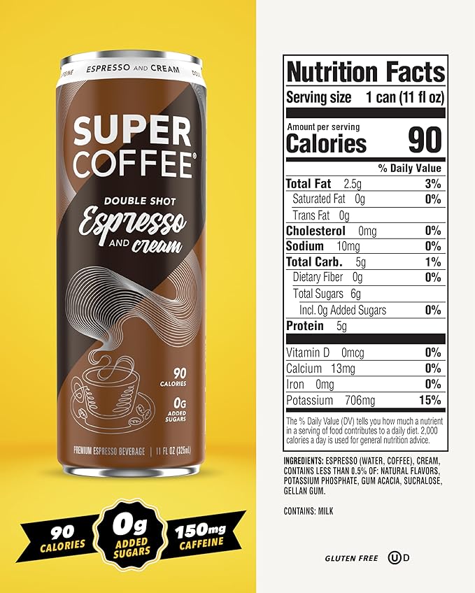 SUPER COFFEE Espresso Iced Keto Coffee (0g Added Sugar 90 Calories) [Espresso &amp Cream] 11 Fl Oz 12 Pack | Iced Smart Coffee - SoyFree GlutenFree