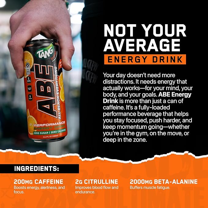All Black Everything Performance Energy Drink | Zero Calories Sugar Free | 200mg Caffeine | Beta Alanine &amp Citrulline | Pre-Workout Sport Drink for Men &amp Women | Tang Orange Strawberry | 12 P