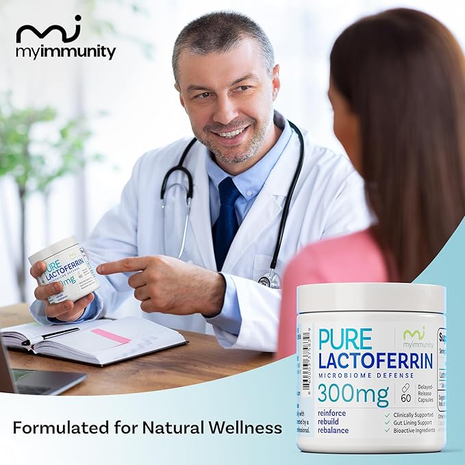 Pure Lactoferrin Microbiome Defense - 300mg Delayed Release Capsules Non-GMO Iron Absorption &amp Immune System Support Lactoferrin Supplements for Adults Gluten-Free (60 Capsules)