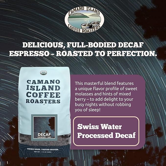 Camano Island Coffee Roasters Decaf Espresso Blend Whole Bean 2lb Fresh Dark Roast Swiss Water Processed USDA Organic Fairly Traded Shade Grown Top 1% Arabica Sweet Molasses Mixed Berry Flavor