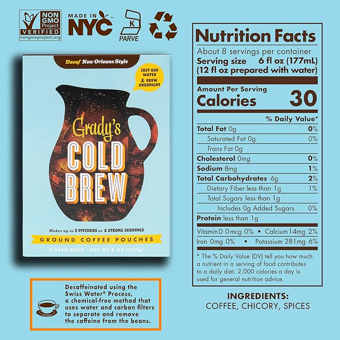GRADY’S COLD BREW New Orleans Style - DECAF 100% Arabica Ground Coffee &amp Chicory Pouches TWO Bundles of 4 Easy-to-Brew Bean Bags Makes 24 drinks