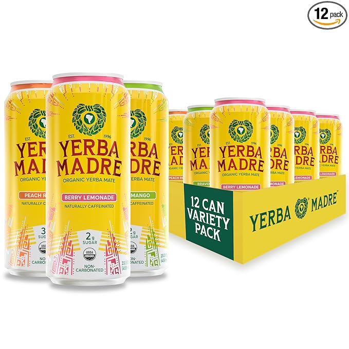 Yerba Madre Organic Yerba Mate Energy Drink Alternative Lower-Sugar Variety Pack 150mg Plant Based Caffeine Smooth Energy &amp Focus No Jitters or Crash 15.5oz Cans (Pack of 12)