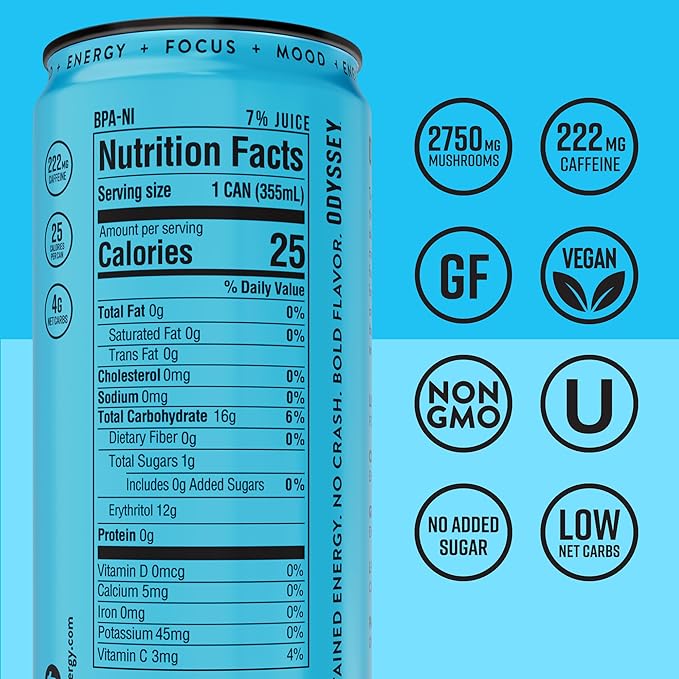 Odyssey Functional Energy Drink for Focus Cognition &amp Mood Support 12 Pack - Adaptogenic Drink with 222mg Green Tea Caffeine Lion’s Mane Cordyceps L-Theanine &amp Ginseng - Sparkling Blue Ras