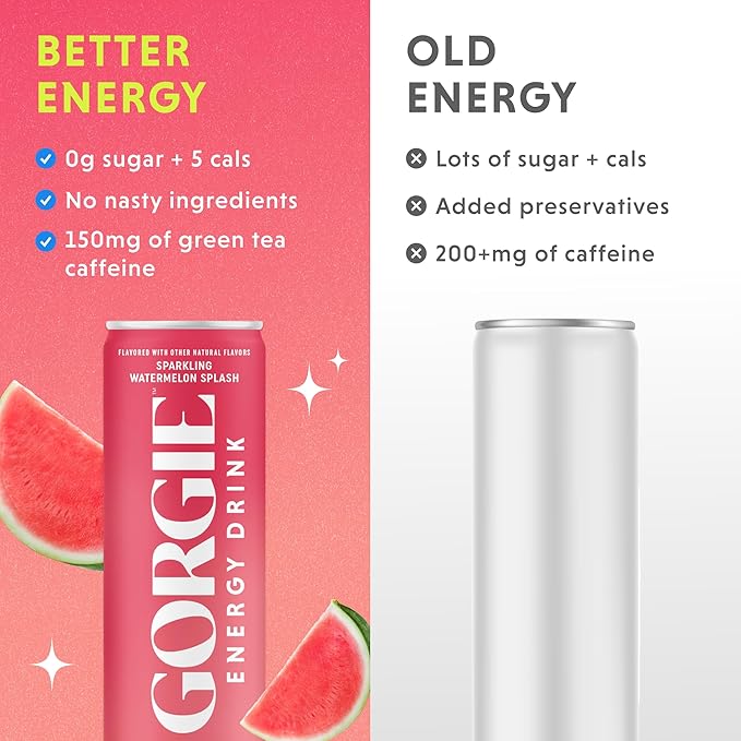 GORGIE Sugar Free Natural Energy Drinks Sparkling Watermelon Crush (12 Pack) - Healthy Energy Drink - Natural Coffee Replacement with Green Tea Caffeine and Biotin 150mg Caffeine Vegan Low Calorie
