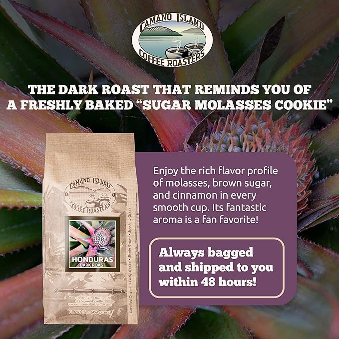 Camano Island Coffee Roasters Roasters Honduras Dark Roast Ground 1lb Fresh Small Batch Roasted USDA Organic Fairly Traded Shade Grown Top 1% Arabica - Molasses Brown Sugar Cinnamon Flavor