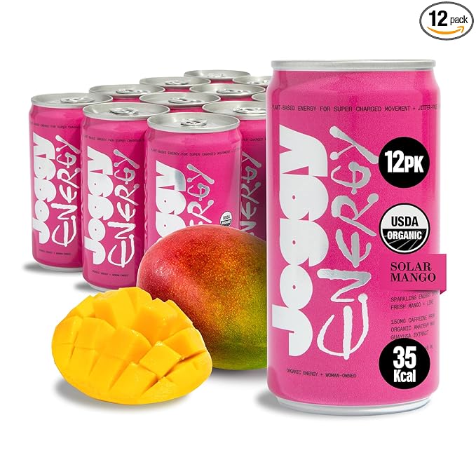 Joggy Energy Drink | Solar Mango 12pk (8.4oz) | USDA Organic No Added Sugar Plant-Based Energy with Juice &amp Natural Caffeine + L-Theanine | Pre-Workout Focus Drink | No Jitters Vegan Gluten-Fr