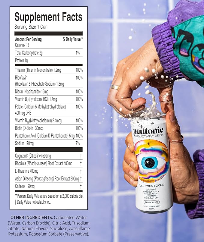 Neutonic Nootropic Productivity Energy Drink | Tropical Ice 12 Cans | 120mg Natural Caffeine Zero Sugar | Support Memory Mental Clarity Cognitive Function | Boost Focus Energy Brain Health