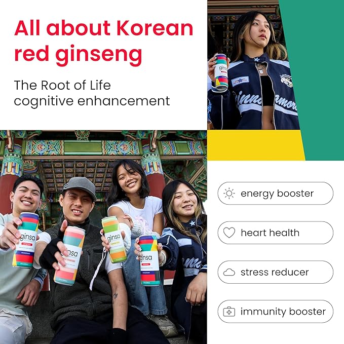 ginsa Sparkling Ginseng Energy Drink with Korean Red Ginseng | Natural Energy Booster | Non-GMO Supports Focus &amp Clarity with Pure Ginseng Root No Caffeine | 12 Pack | 12oz | Ginseng + Honey Fla