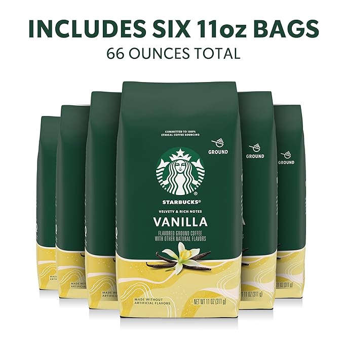 Starbucks Ground Coffee Flavored Hot or Iced Coffee Vanilla Six 11 oz Bags