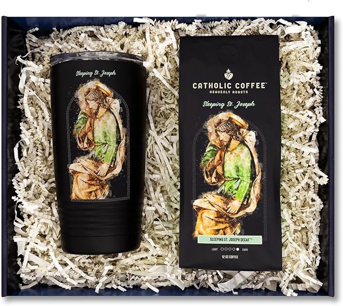 Catholic Coffee Sleeping St. Joseph Decaf Dark Roast Ground Coffee &amp Tumbler Gift Set – 12oz Bag Christmas Gift for Coffee Lovers Catholic Holiday Box