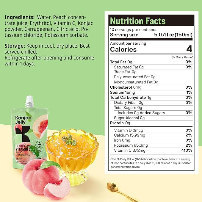 Hethstia Konjac Jelly Collagen Peptides Various Flavors and Konjac Jelly – Peach Flavor Drinkable Snack 10-Pack Squeeze Pouches
