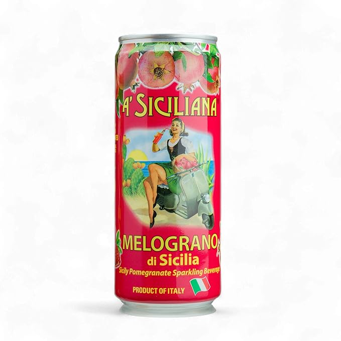A' Siciliana Sicilian Drink Melograno - Refreshing and Delicious Italian Soda made with Sicilian Pomegranate - Authentic Imported Italian Beverage - Melograno Soda 24 Pack of 11.15 fl oz Cans