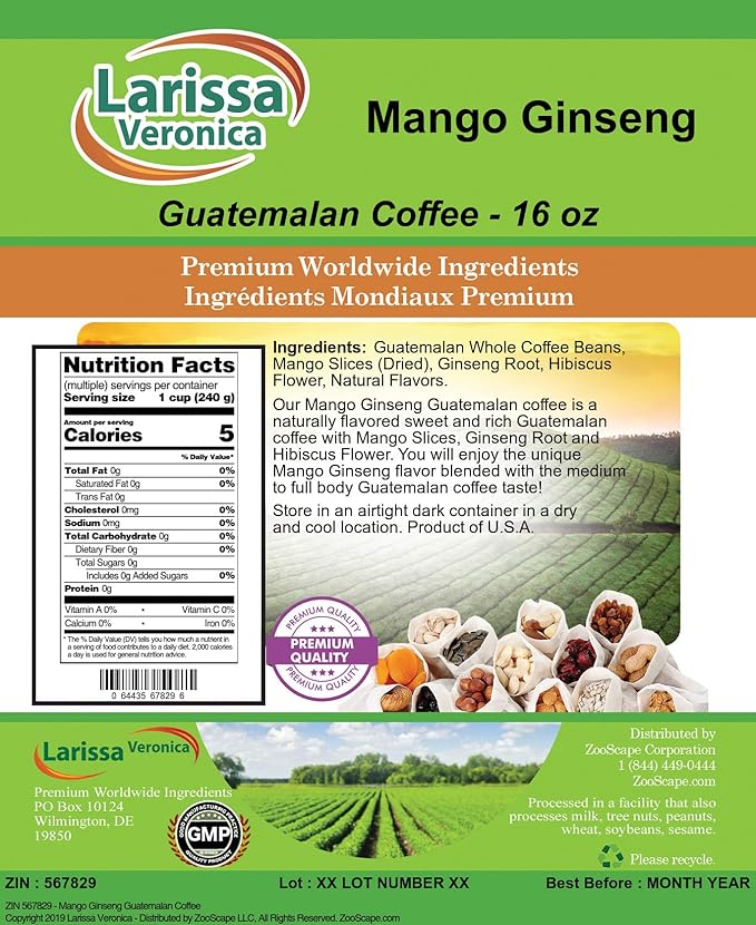 Mango Ginseng Guatemalan Coffee (Gourmet Naturally Flavored Whole Coffee Beans) (16 oz ZIN: 567829) - 3 Pack