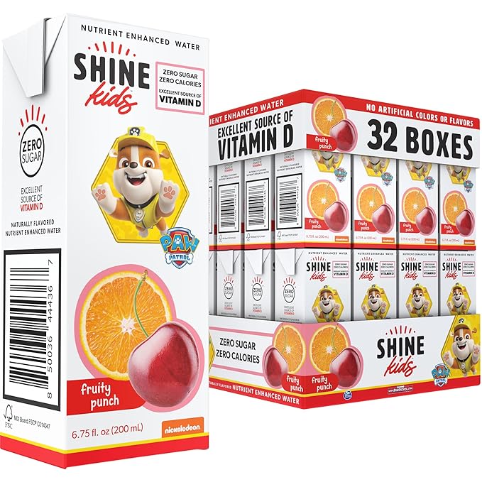 Shine Water x Paw Patrol Fruit Punch Kids Juice Boxes with Vitamin D 32-Pack | No Added Sugar | Naturally Flavored Drinks for Kids | Vegan Gluten Free Zero Calorie Hydration