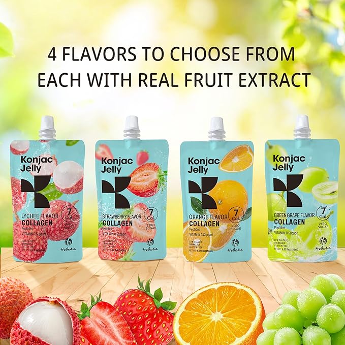 Hethstia Konjac Jelly Collagen Peptides Various Flavors - Lychee Green Grape Strawberry &amp Orange | Low Calorie Sugar-Free Keto Gluten-Free Vitamin C | 10-Pack Portable Healthy Snacks