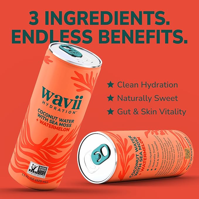 Wavii Hydration Organic Coconut Water with Organic Sea Moss plus Watermelon 11 fl oz Cans Pack of 12 – Clean Refreshing Hydration with Naturally Occurring Electrolytes No Added Sugar Non-GMO