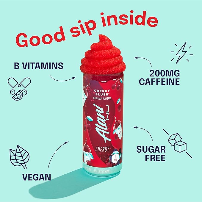 Alani Nu CHERRY SLUSH Sugar Free Low Calorie Energy Drinks | 200mg Caffeine | Antioxidants | Biotin B Vitamins | Zero Sugar | 15 Calories or Less | 12 Oz Cans | 24 Count
