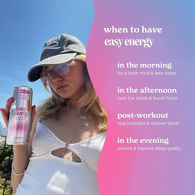 Easy Energy Drink (Strawberry) – Zero Sugar Sparkling Energy Drink with Natural Caffeine Magnesium &amp Lion’s Mane – Clean Energy for Workouts &amp Busy Days – 12 Pack