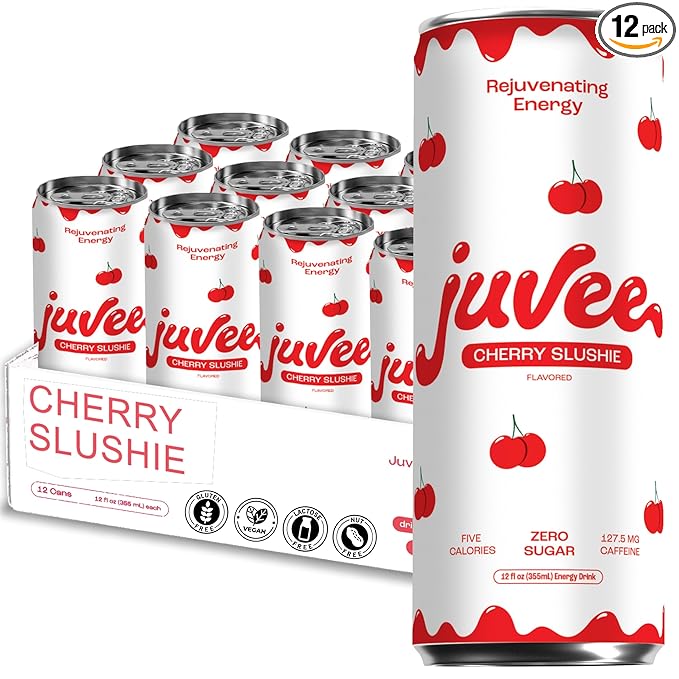 Juvee Rejuvenating Energy Drink – Sugar Free Cherry Slushie Flavor 12 oz Cans (12-Pack) – 128mg Natural Caffeine Zero Sugar Low Calorie Clean Energy &amp Focus Booster for Daily Use