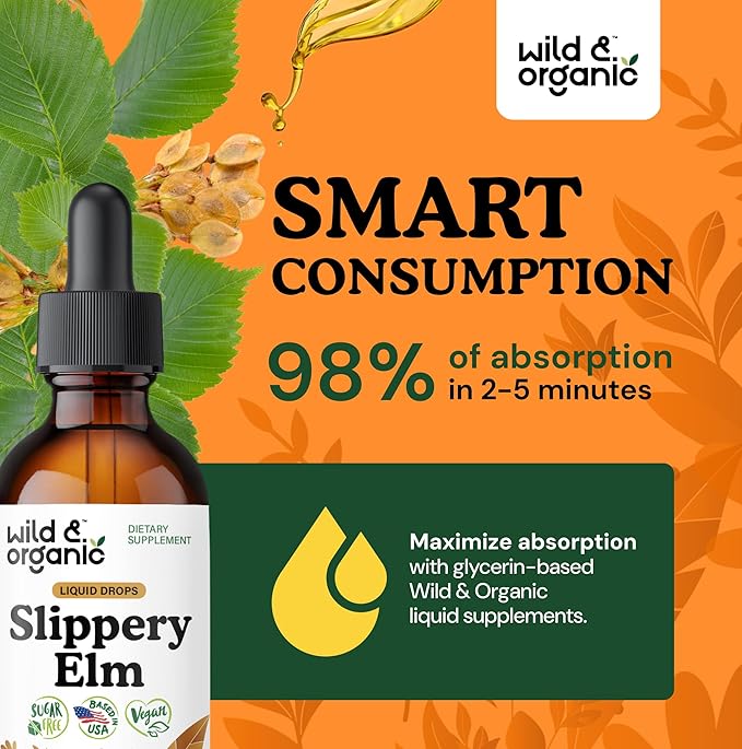 Wild &amp Organic Slippery Elm Drops - Lung Digestive &amp Women's Support - Slippery Elm Bark Tincture - Add to Tea Liquid Extract - Ulmus Rubra Supplement - Vegan Sugar &amp Alcohol-Free - 2 fl