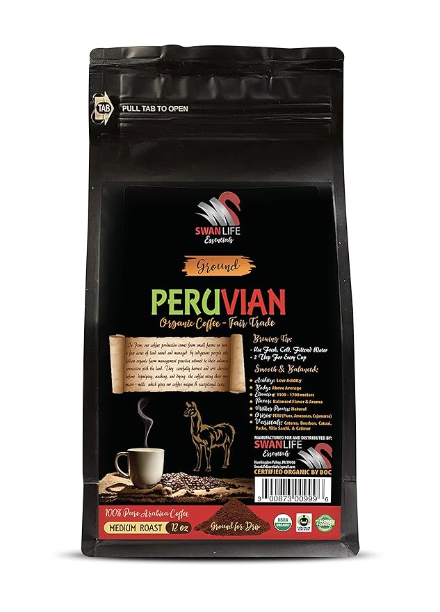coffee gift - PERUVIAN GROUND ORGANIC COFFEE fair trade 100% arabica medium roast low acidity - organic coffee ground 2 Bags (24 OZ)