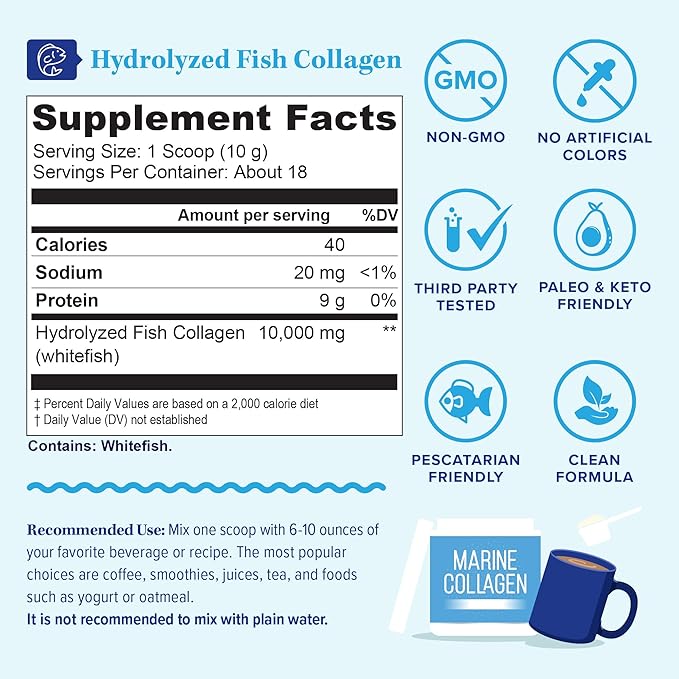 Vitauthority Marine Collagen Peptides Powder Supplement | Hydrolyzed Fish Collagen Peptides | 10000mg per Scoop 9g Protein Skin Hair Nail Sustainably Sourced Whitefish | Unflavored 18 Servings