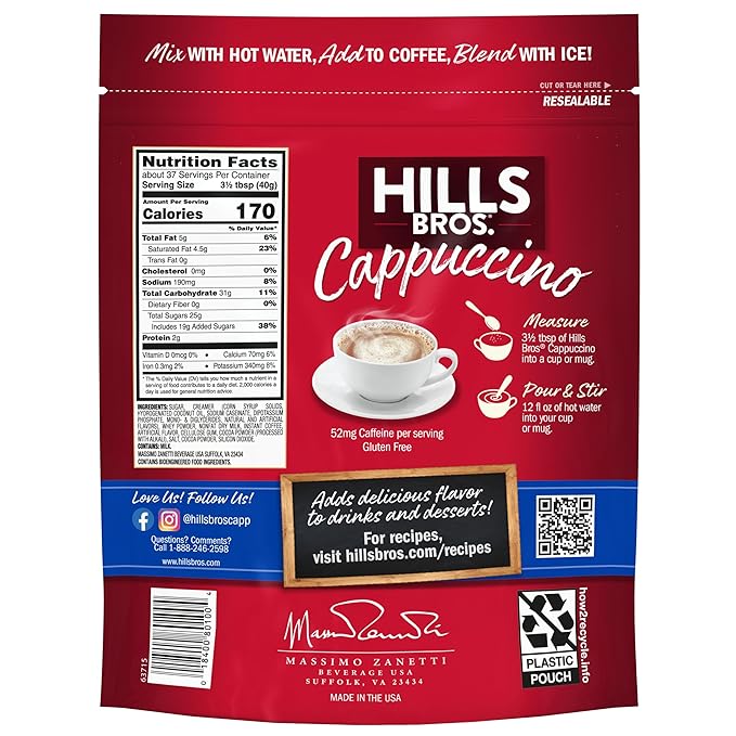 Hills Bros. Instant Cappuccino Mix French Vanilla - Easy to Use Enjoy Coffeehouse Flavor from Home – Decadent Cappuccino with a Hint of Sweetness and Vanilla in Light Coffee 52 Ounce Pouch