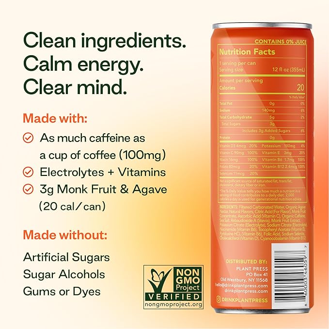 Plant Press - Organic Energy Drink 100 mg Caffeine Clean Coffee Alternative Full Range of Vitamins Electrolytes No Sugar Alcohols No Preservatives - Passionfruit Peach (12 Fl Oz 12 Pk)