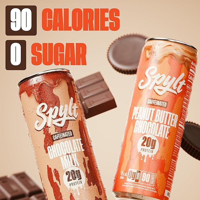 Spylt High Protein Chocolate/Peanut Butter Chocolate Milk with 60mg Caffeine &amp 20g Protein - 90 Calories Ready to Drink Sugar Free Lactose Free Milk Perfect for Workout Recovery &amp Afternoo