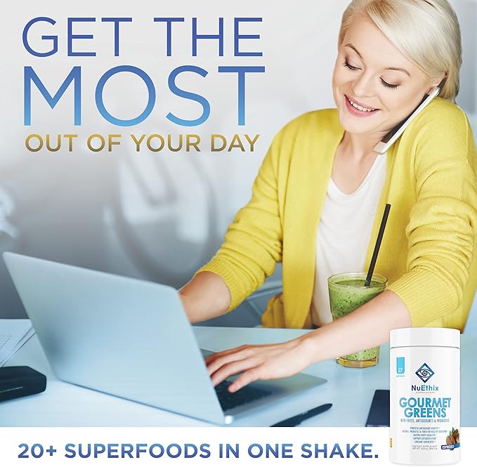 NuEthix Formulations Gourmet Greens Drink Powder Dietary Supplement with Fruit and Vegetable Superfoods and Probiotics Espresso 27 Servings