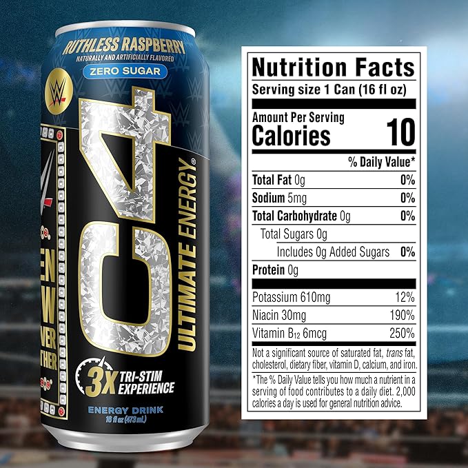 C4 Ultimate x WWE | 300mg Caffeine Sugar Free Energy Drink | Ruthless Raspberry| 16oz (Pack of 12)