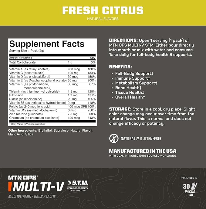 MTN OPS Multi‑V STM On‑The‑Go Daily Multivitamin for Men Women &amp Kids – Straight‑to‑Mouth Vitamin C D3 B Zinc Packs – Gluten Free Natural Flavors 30 Servings