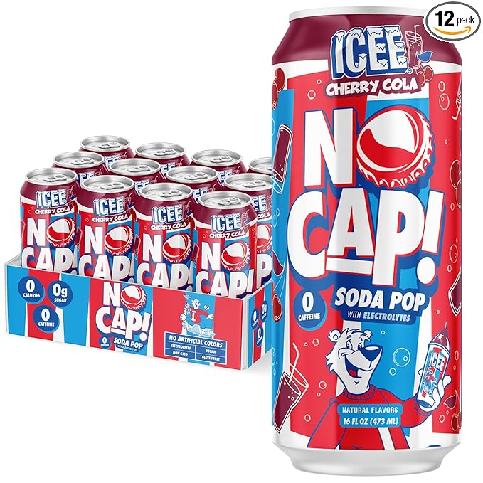 NO CAP! Next Gen Soda Pop Cherry Cola with Electrolytes for Hydration Zero Sugar Zero Calories Caffeine-Free Soda Vegan &amp Gluten-Free 16 oz Cans (12-Pack)