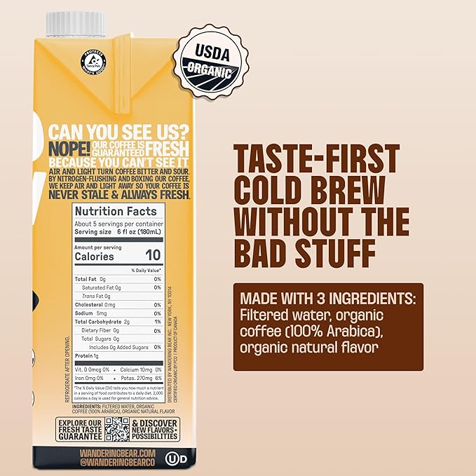 Wandering Bear Organic Caramel Cold Brew Coffee - Strong Bold Smooth Unsweetened Shelf-Stable Ready to Drink Gluten Free &amp Vegan Iced Cold Brewed Coffee Drink - 32 fl oz 6 pack