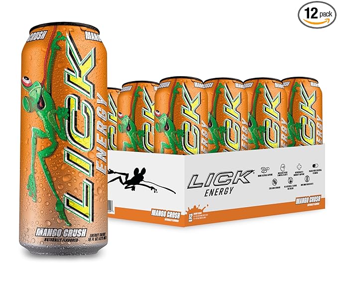 LICK Energy Drink - Zero Sugar No Crash Green Tea Caffeine (180mg) with Antioxidants and Vitamins A B6 B12 and C 16oz (12pk) - Mango Crush