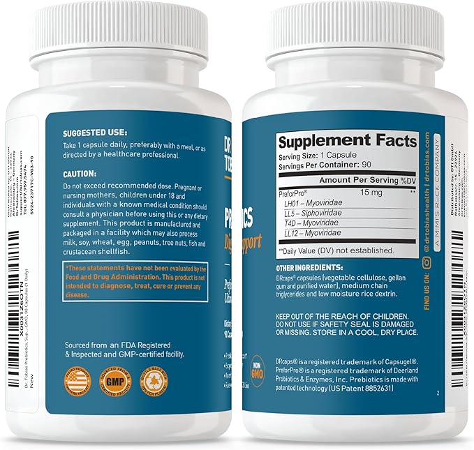 Dr. Tobias Prebiotics Digestive Support Advanced Prebiotic Supplement for Gut Health Immune Function &amp Boost for Probiotics for Women &amp Men Vegan Non-GMO 90 Capsules 90 Servings
