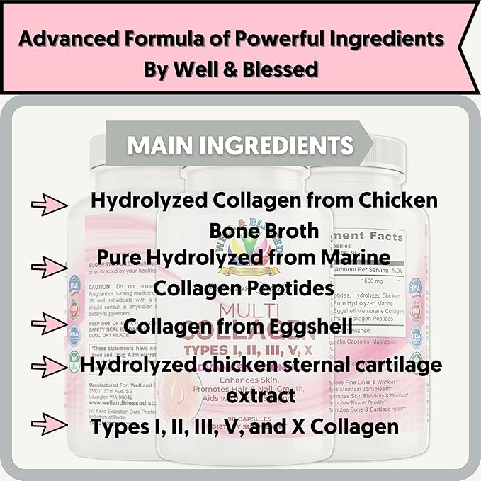Multi Premium Collagen Supplements for Women with Vitamin C E -Tighten Skin Reduce Wrinkles Strong Nails Joints &amp Hair Growth - Anti Aging Skin Care Supplements for Women -90 Capsules