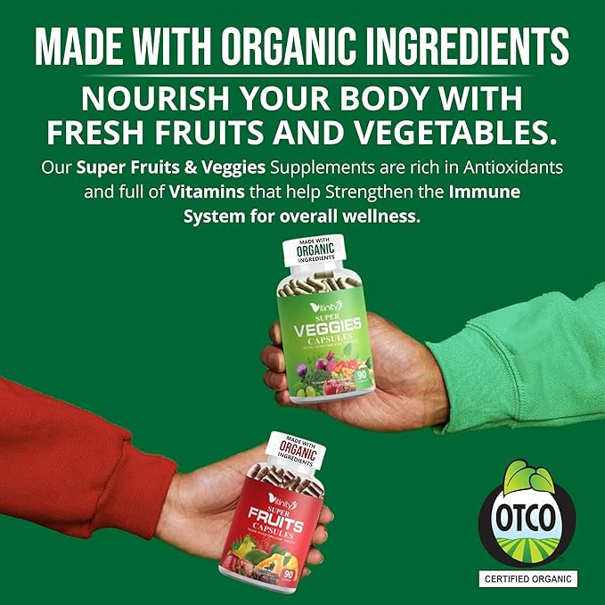 Made with Organic Fruits &amp Veggies Capsules-Superfood Vegetable Vitamin Supplement for Women &amp Men-Blend of Fruits and Greens for Daily Health.Fruits and Vegetables Supplements (30-Day Supply)