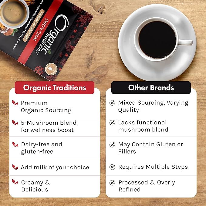 Organic Traditions Dirty Chai Mushroom Coffee Instant Coffee with Lion’s Mane Chaga Reishi Cordyceps Turkey Tail Organic Black Tea MCT Oil Powder Chai Spice Blend 105mg Caffeine 100g / 3.5 o