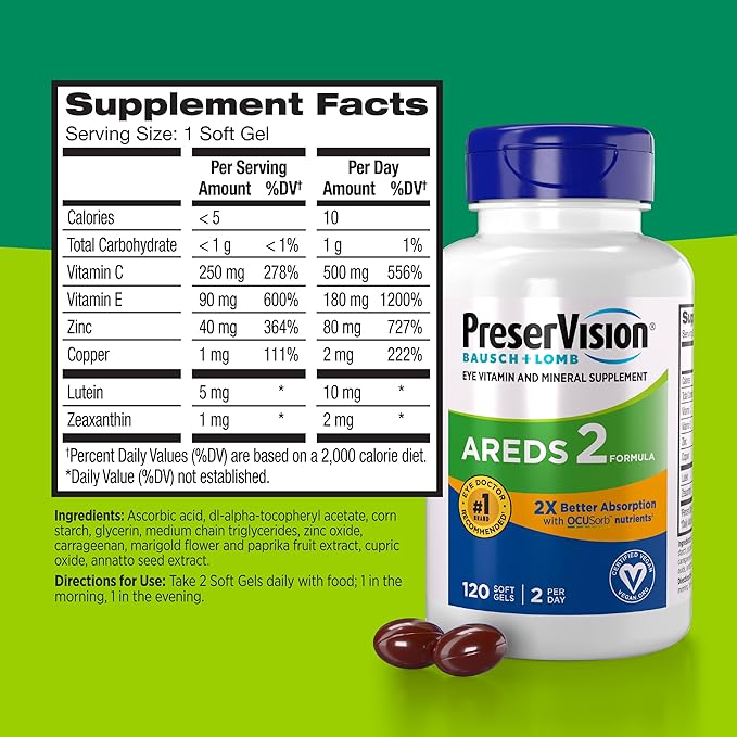 PreserVision AREDS 2 Eye Vitamin &amp Mineral Supplement with OCUSorb120 Vegan Soft GelsContains LuteinZeaxanthinVitamin C &amp EZinc&amp-CopperEye Health Supplements for Adults(Pack of 2)
