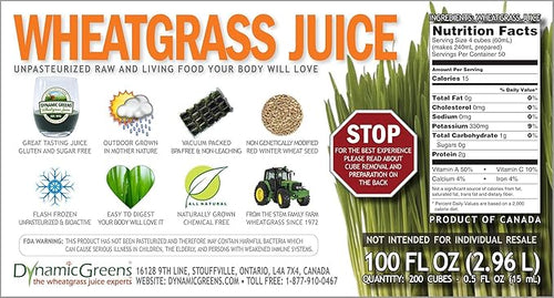 100% Wheatgrass Juice – Field-Grown Flash-Frozen Unpasteurized – 100 fl oz (200 x 0.5 fl oz Portions) – Dynamic Greens