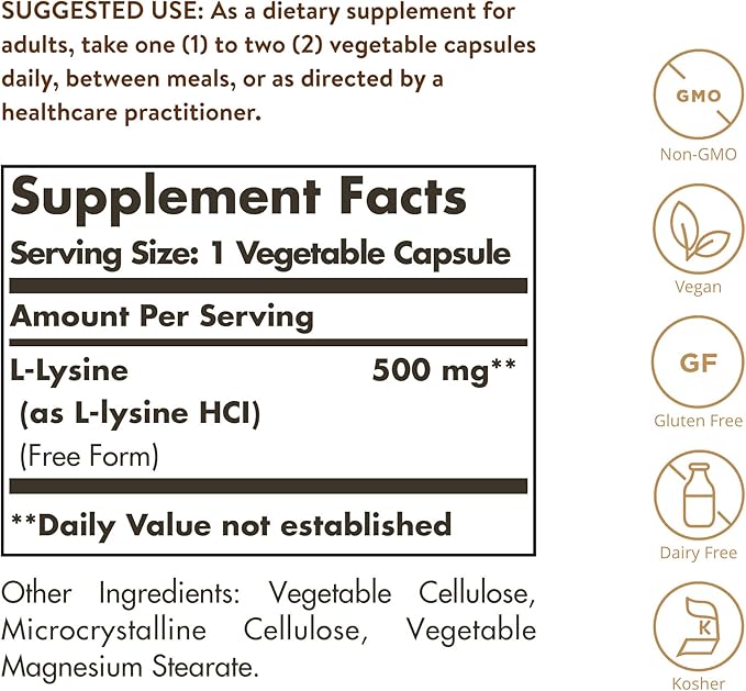 Solgar L-Lysine 500 mg 250 Vegetable Capsules - Enhanced Absorption &amp Assimilation - Promotes Integrity of Skin &amp Lips - Collagen Support - Amino Acids - Non-GMO Vegan Gluten Free