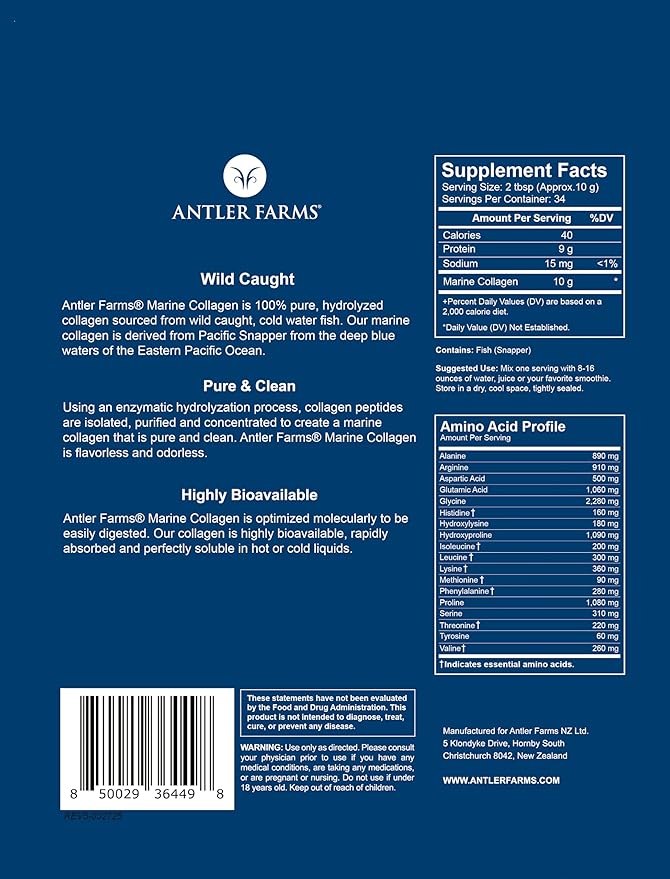 Antler Farms - 100% Pure Clean Marine Collagen Powder from Wild Caught Pacific Snapper 12 oz – Soluble in Hot or Cold Liquids Highly Bioavailable Rapid Absorption No Taste or Smell
