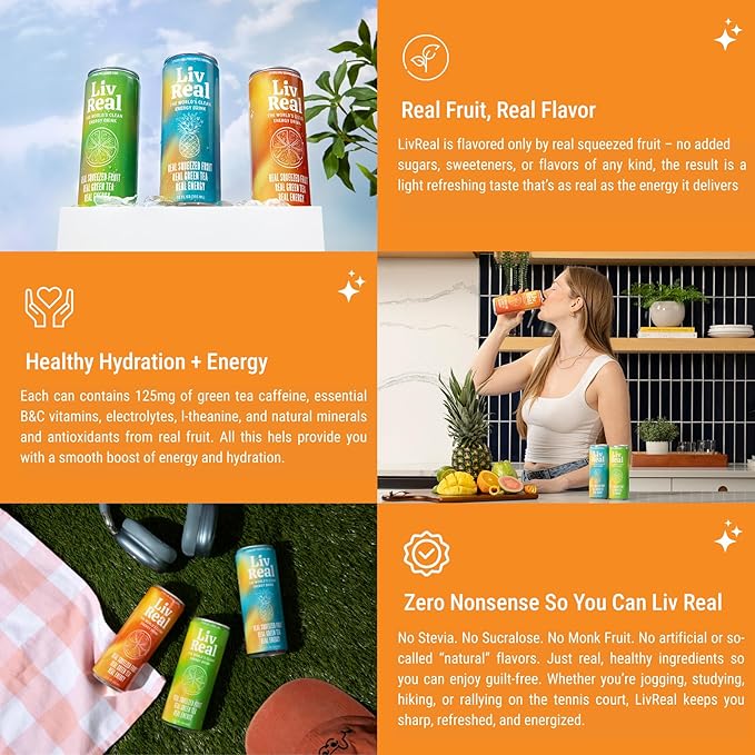 LivReal Clean Energy Drink – Organic Green Tea Caffeine 125mg + L-Theanine 100mg – Real Fruit No Sweeteners or Flavorings – Vitamin C &amp B Complex – Sparkling Orange Mango Water – 12 Pack 12 fl o